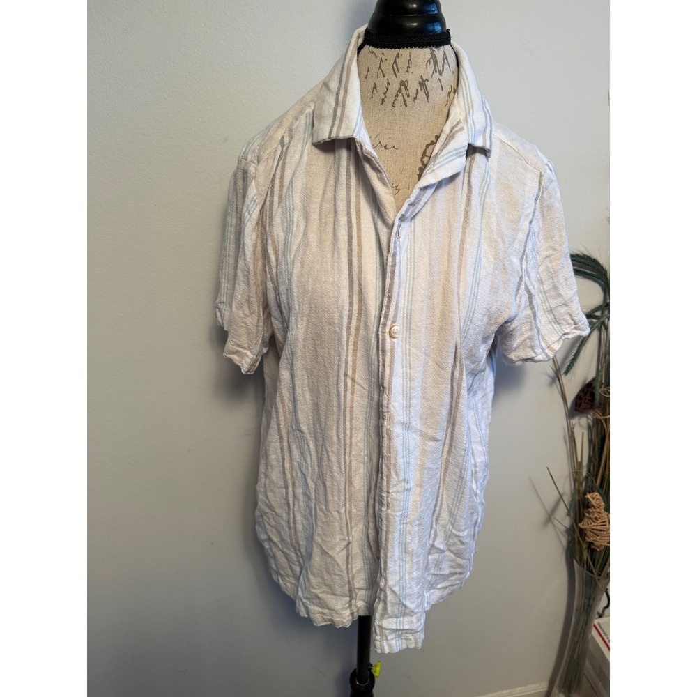 Porter & Ash Linen Blend Striped Short Sleeve Button Down Shirt - Size L